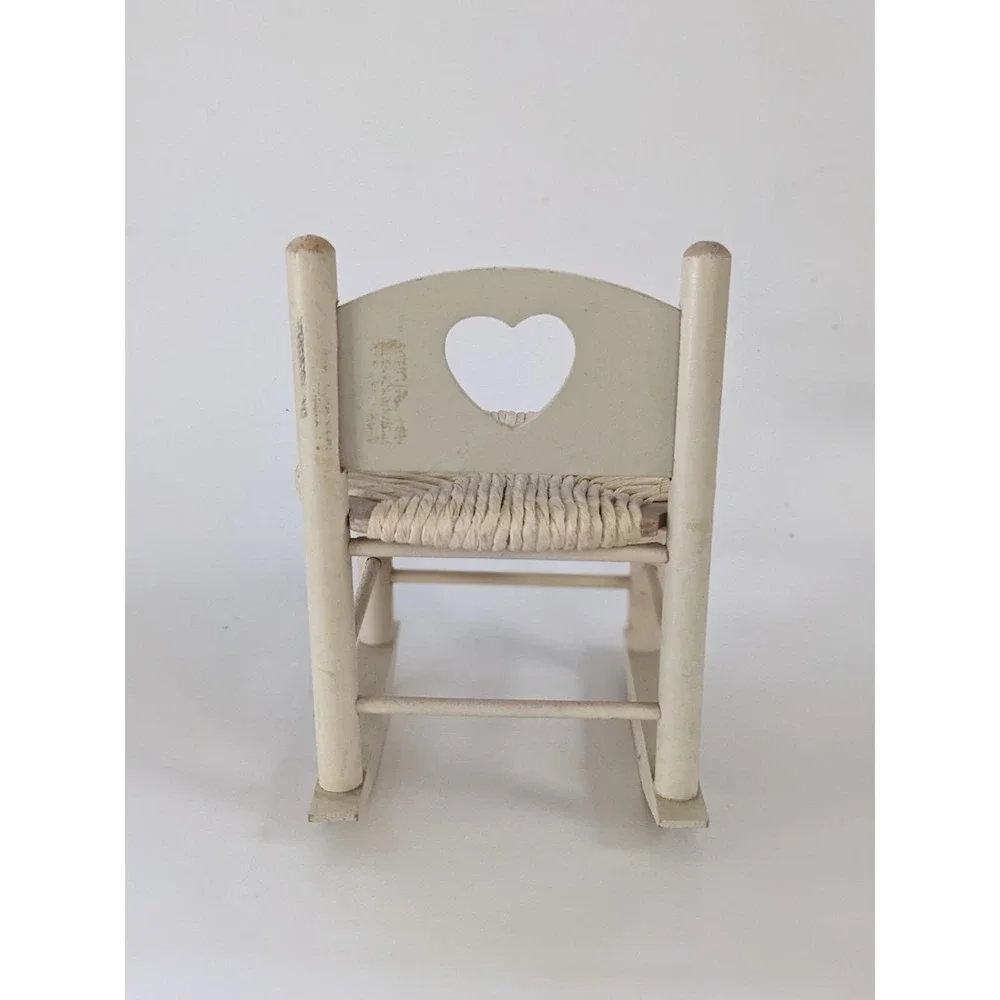 Vintage Miniature Wooden Rocking Chair Heart Cutout Rose Floral Woven Seat 8